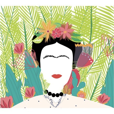 Portrait of Frida Kahlo with leaves, cactus
