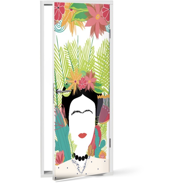 Αυτοκόλλητο Πόρτας Portrait of Frida Kahlo with flowers, leaves, cactus