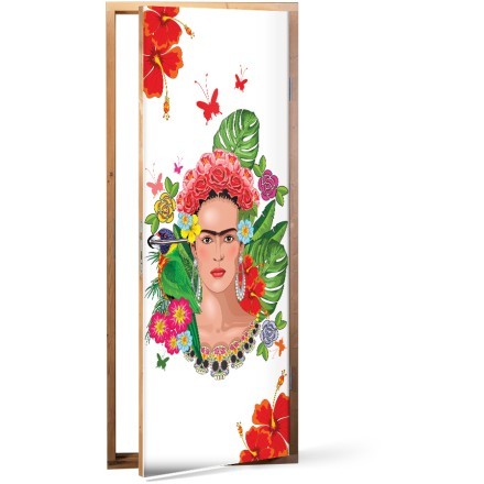 Εξοτικό FloralΠορτρέτο της Frida Kahlo σε άσπρο φόντο Αυτοκόλλητο Πόρτας