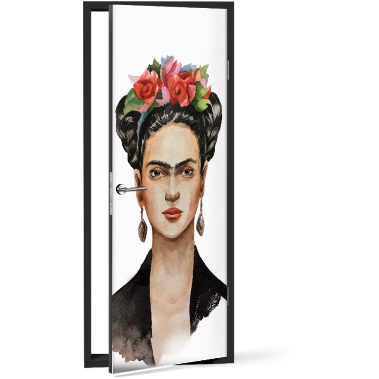 Αυτοκόλλητο Πόρτας Artist Frida Kahlo with a wreath on her head and a black handkerchief