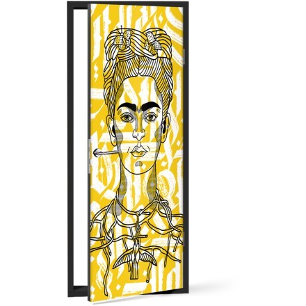 Αφηρημένο σκίτσο της Frida Kahlo σε κίτρινο φόντο Αυτοκόλλητο Πόρτας