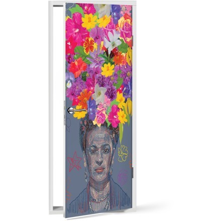 Drawing of Frida Kahlo's portrait with big colorful flower crown on the head