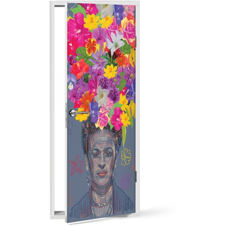 Αυτοκόλλητο Πόρτας Drawing of Frida Kahlo's portrait with big colorful flower crown on the head