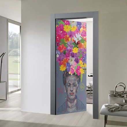 Drawing of Frida Kahlo with flowers on grey background