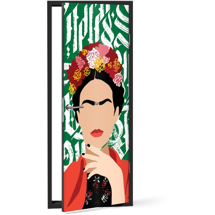 Αυτοκόλλητο Πόρτας Frida Kahlo σε άσπρο-πράσινο background