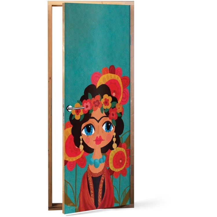 Αυτοκόλλητο Πόρτας Frida Kahlo Floral Exotic Portrait on colorful flower