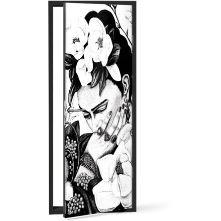 Black and White Frida Kahlo surrounded by flowers Αυτοκόλλητο Πόρτας