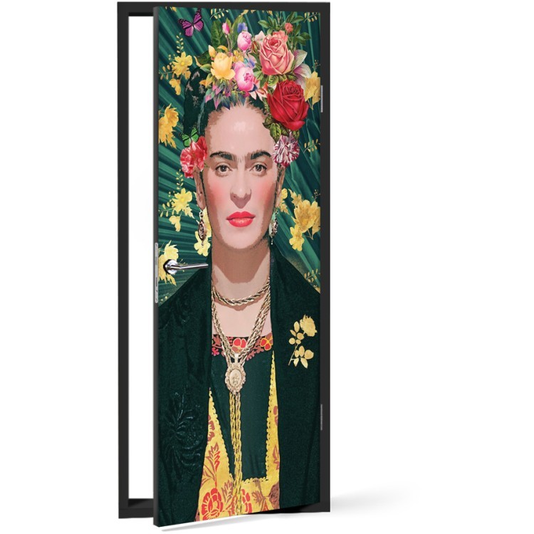 Αυτοκόλλητο Πόρτας Frida Kahlo with floral pattern