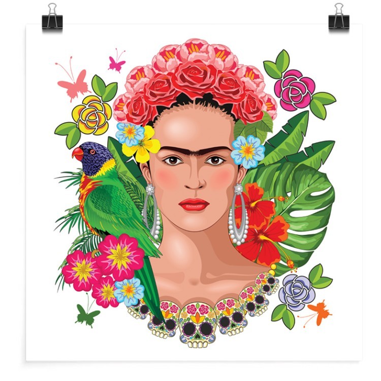 Πόστερ Frida Kahlo Floral Exotic Portrait on White Vector Illustration