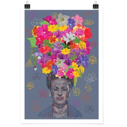 Frida Kahlo's portrait with flowers on grey background Πόστερ
