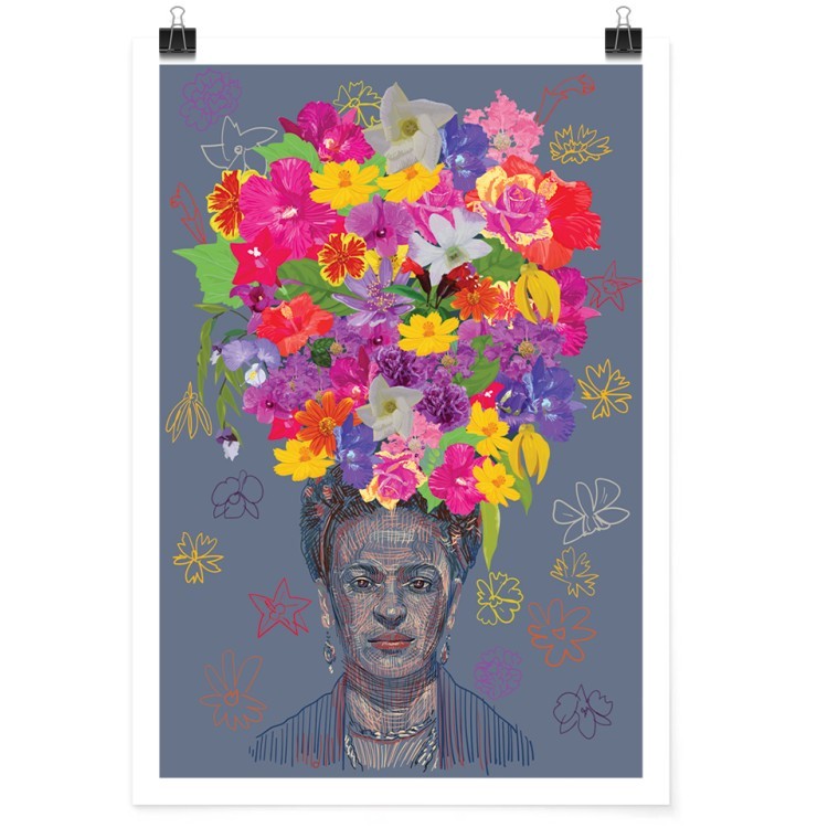 Πόστερ Drawing of Frida Kahlo with flower crown on the head
