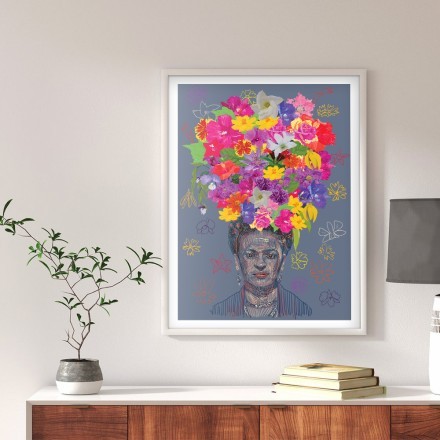 Frida Kahlo's portrait with flowers on grey background