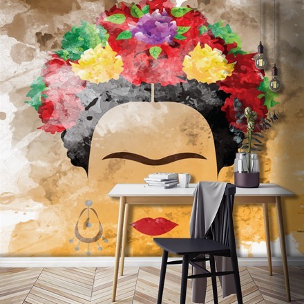 Frida Kahlo portrait with flowers, watercolor style Ταπετσαρία Τοίχου