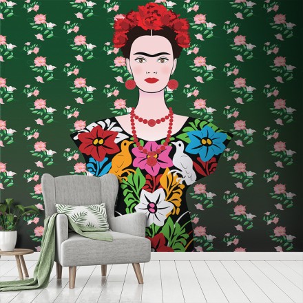 Frida Kahlo portrait, Mexican traditional pattern Ταπετσαρία Τοίχου