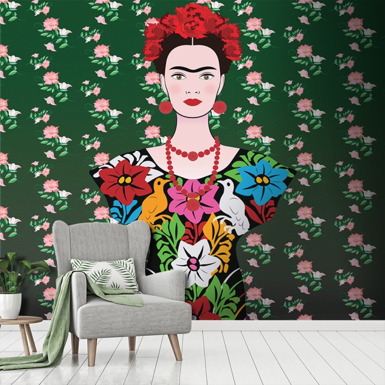 Ταπετσαρία Τοίχου Frida Kahlo portrait, Mexican traditional pattern
