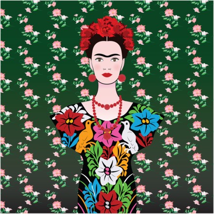 Frida Kahlo portrait, Mexican traditional pattern
