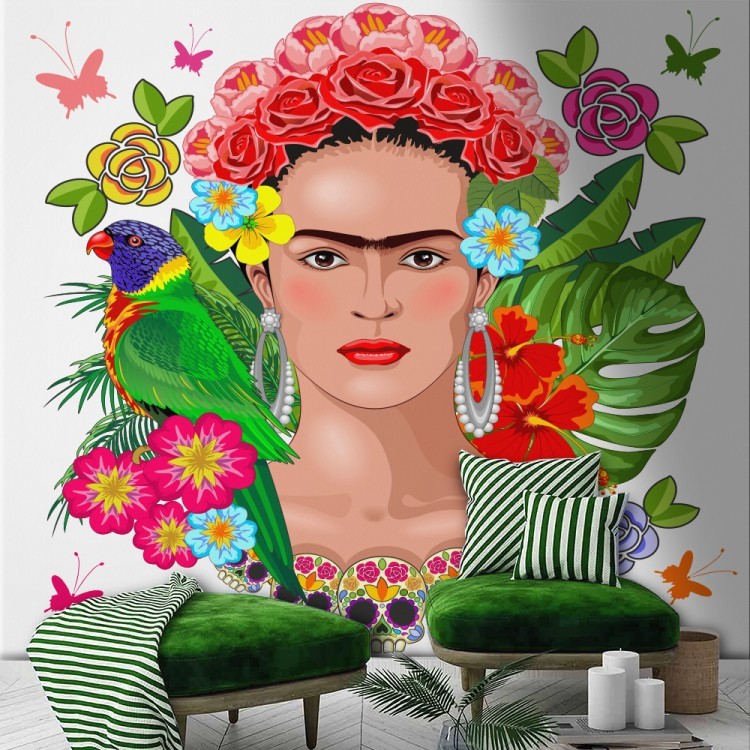 Ταπετσαρία Τοίχου Frida Kahlo Floral Exotic Portrait on White Vector Illustration