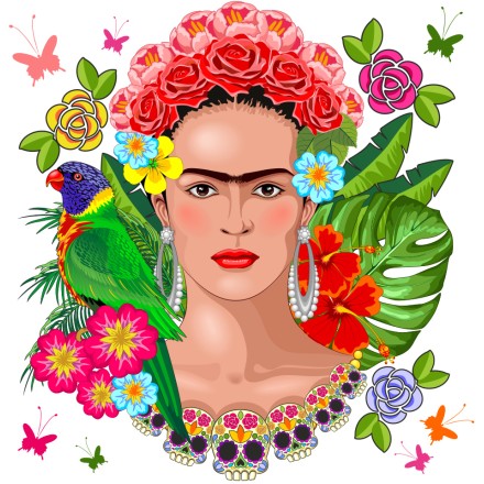 Frida Kahlo Floral Exotic Portrait on White Vector Illustration