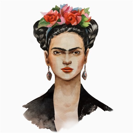 Frida Kahlo with a wreath on her head and a black handkerchief
