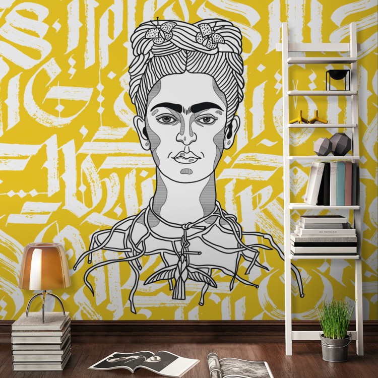Ταπετσαρία Τοίχου Abstract calligraphy of Frida Kahlo on yellow background