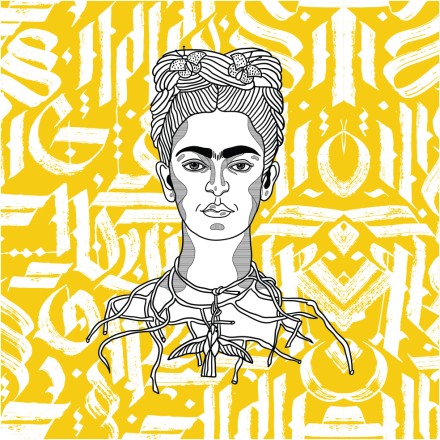 Abstract calligraphy of Frida Kahlo on yellow background
