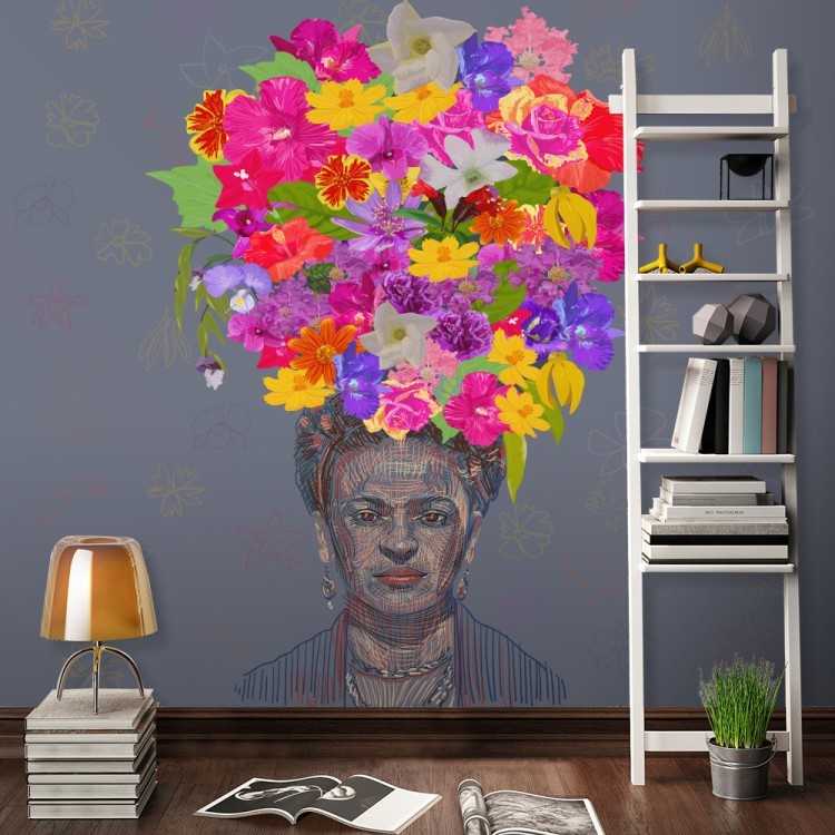 Ταπετσαρία Τοίχου Drawing of Frida Kahlo's portrait with big colorful flower crown on the head