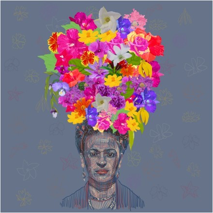 Drawing of Frida Kahlo's portrait with big colorful flower crown on the head