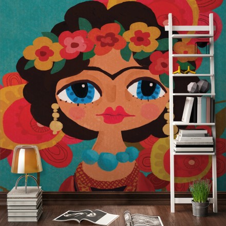 Frida Kahlo Floral Colorful Animated Portrait Ταπετσαρία Τοίχου