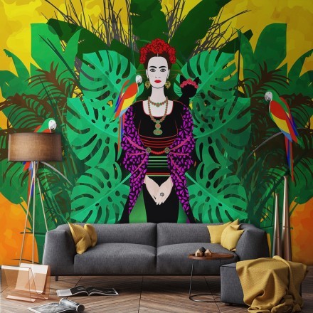 Frida Kahlo σε floral background Ταπετσαρία Τοίχου