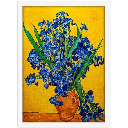 Vase with irises on a yellow background