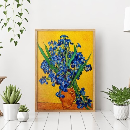 Vase with irises on a yellow background Πίνακας σε Καμβά
