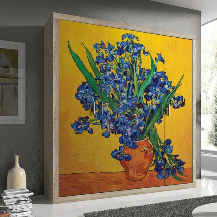 Αυτοκόλλητο Ντουλάπας Vase with irises on a yellow background