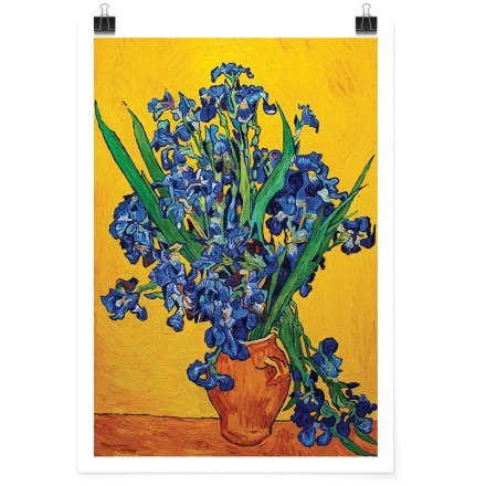Vase with irises on a yellow background