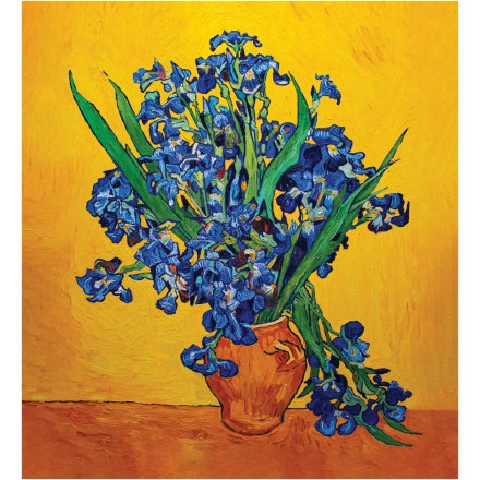 Vase with irises on a yellow background