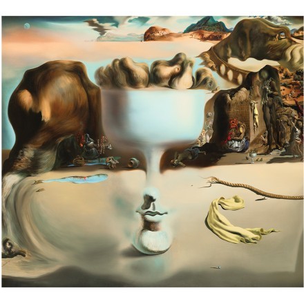 Apparition of face and fruit dish on a beach oil painting