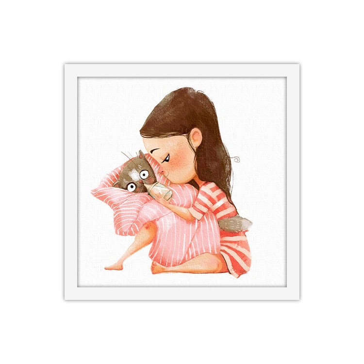 Πίνακας σε Καμβά Κορίτσι ταΐζει γάτα