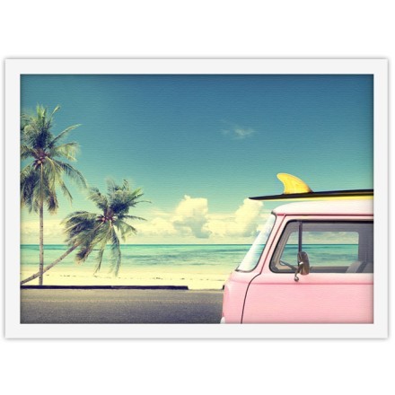 Ροζ λεωφορείο στη παραλία Πίνακας σε Καμβά