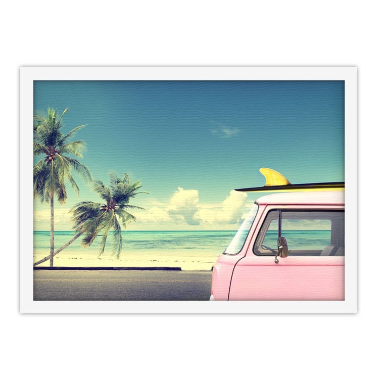 Πίνακας σε Καμβά Ροζ λεωφορείο στη παραλία