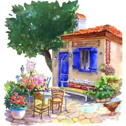 Παραδοσιακό μεσογειακό σπίτι, Πίνακας με νερομπογιά