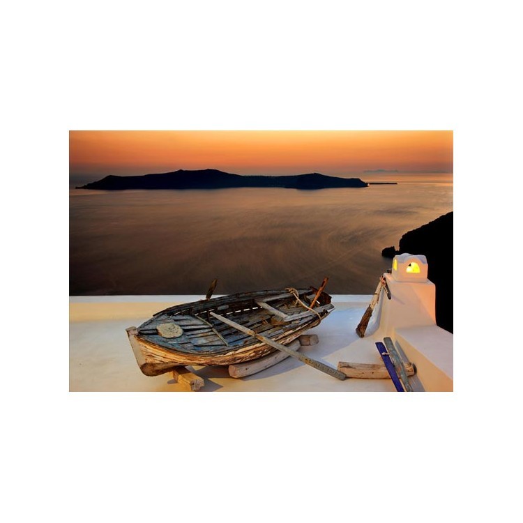  Ηλιοβασίλεμα σε μπαλκόνι με βάρκα, Σαντορίνη