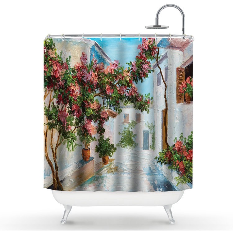 Κουρτίνα Μπάνιου Καλοκαιρινό τοπίο από πολύχρωμα λουλούδια και δέντρα