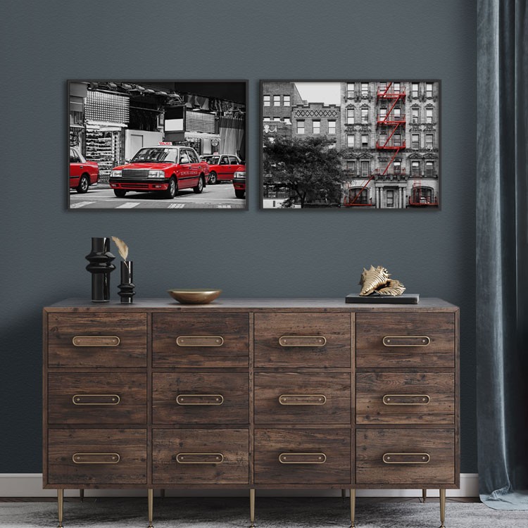 Gallery Wall σε Καμβά Γκρι & κόκκινη σύνθεση πόλης