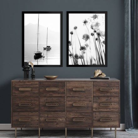 Γκρίζα λουλούδια και θάλασσα Gallery Wall σε Καμβά