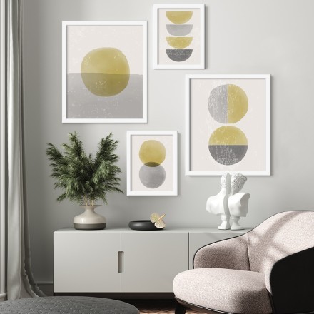 Τέχνη με κίτρινους & γκρι κύκλους Gallery Wall σε Καμβά