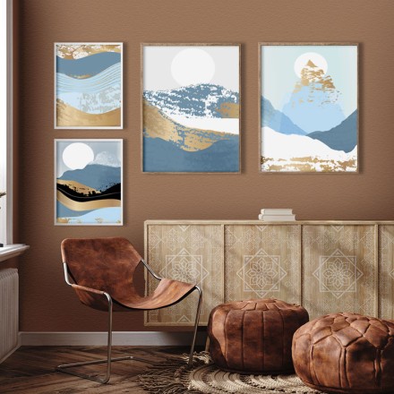 Χρυσή - Μπλε απεικόνιση Gallery Wall σε Καμβά