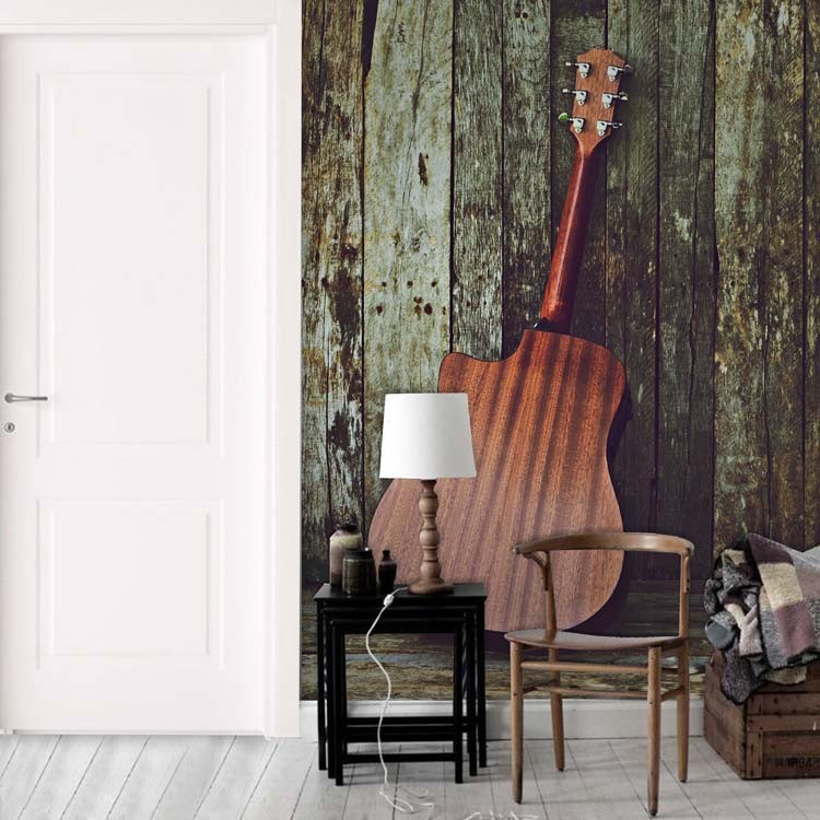 Ταπετσαρία Τοίχου Κλασική κιθάρα σε φόντο ξύλινες τάβλες