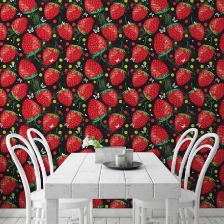 Φράουλες σε μαύρο φόντο Ταπετσαρία Τοίχου