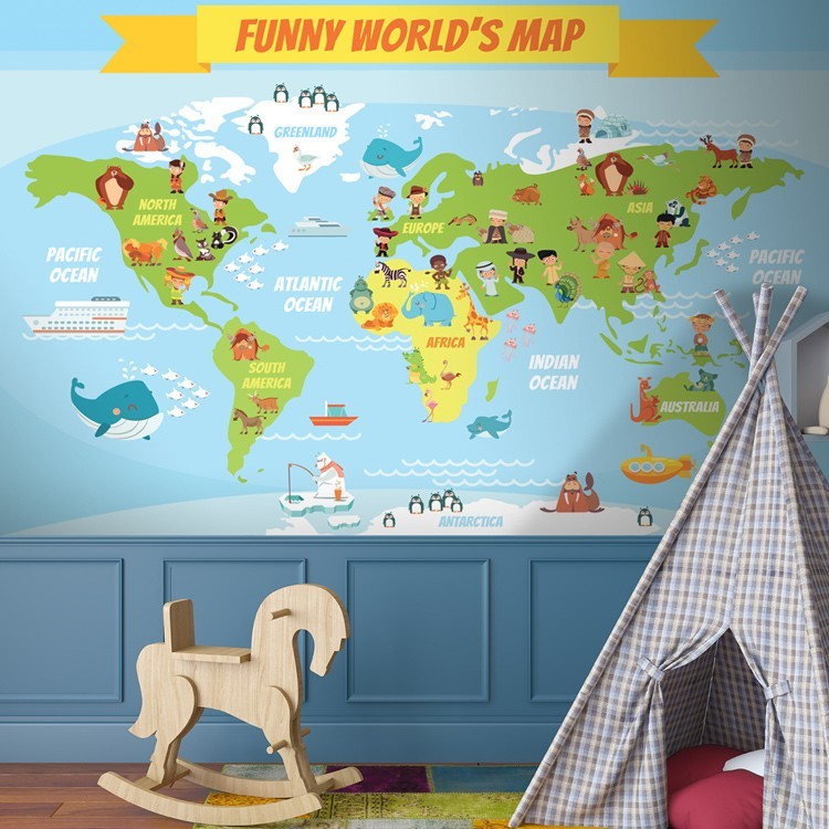 Ταπετσαρία Τοίχου Funny World s Map