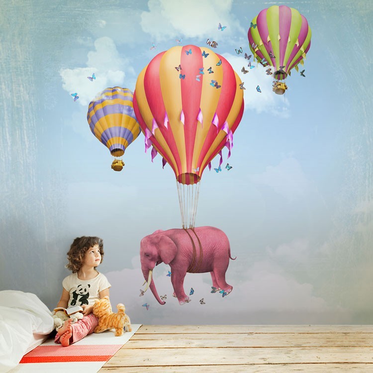 Ταπετσαρία Τοίχου Ροζ ελεφαντάκι σε αερόστατο