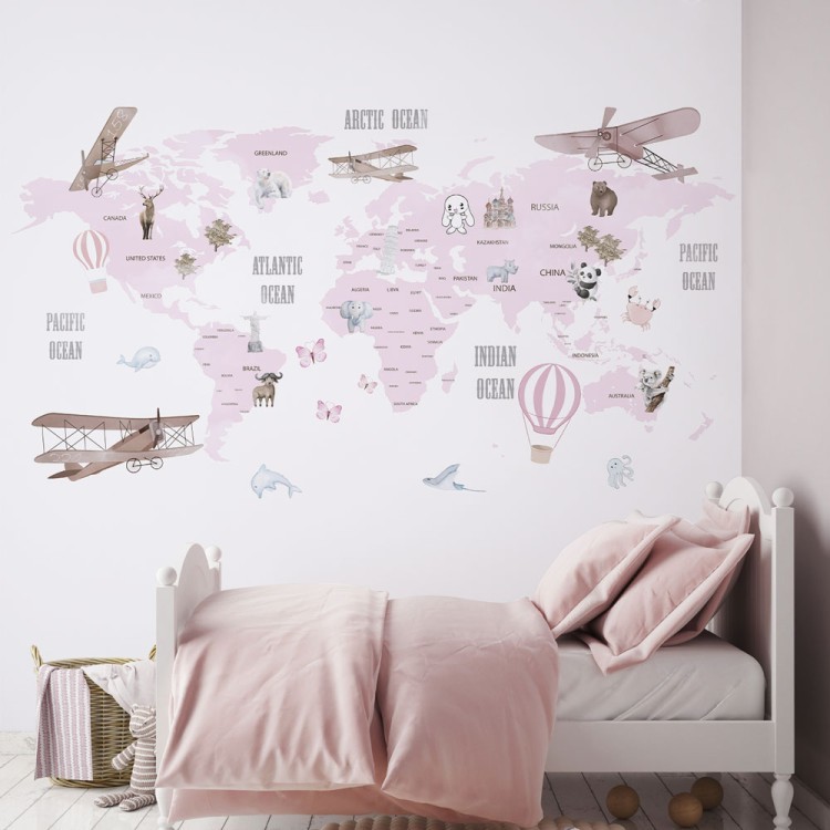 Ταπετσαρία Τοίχου Ροζ χάρτης με ζωάκια